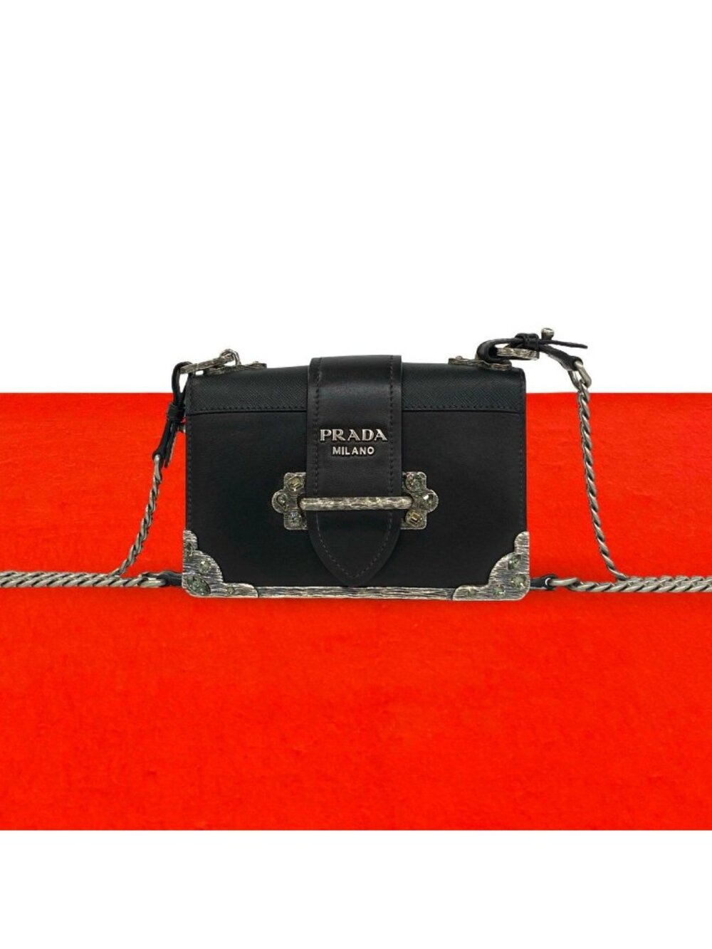 Prada Cahier Logo Leather Chain Mini Shoulder Bag Pochette Black